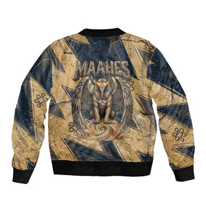 Maahes Ancient Egyptian Sleeve Zip Bomber Jacket Geometric Pattern Winged Lion Deity, and Sacred Lotus Motif - African Pride