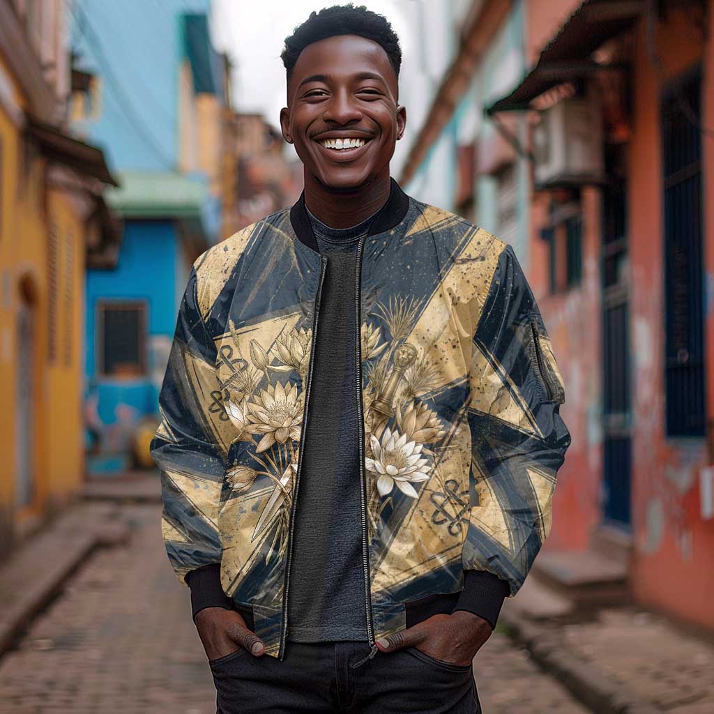 Maahes Ancient Egyptian Sleeve Zip Bomber Jacket Geometric Pattern Winged Lion Deity, and Sacred Lotus Motif - African Pride