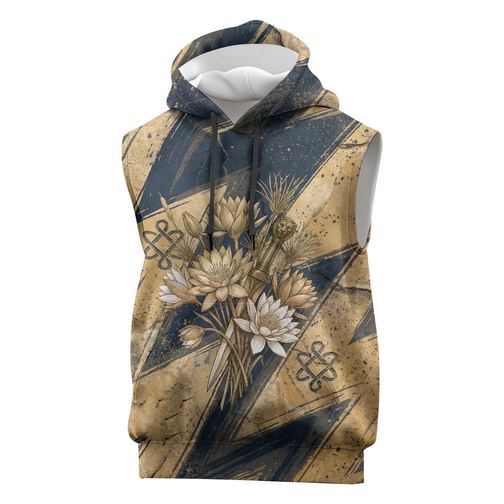 Maahes Ancient Egyptian Sleeveless Hoodie Geometric Pattern Winged Lion Deity, and Sacred Lotus Motif - African Pride