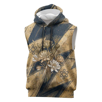 Maahes Ancient Egyptian Sleeveless Hoodie Geometric Pattern Winged Lion Deity, and Sacred Lotus Motif - African Pride