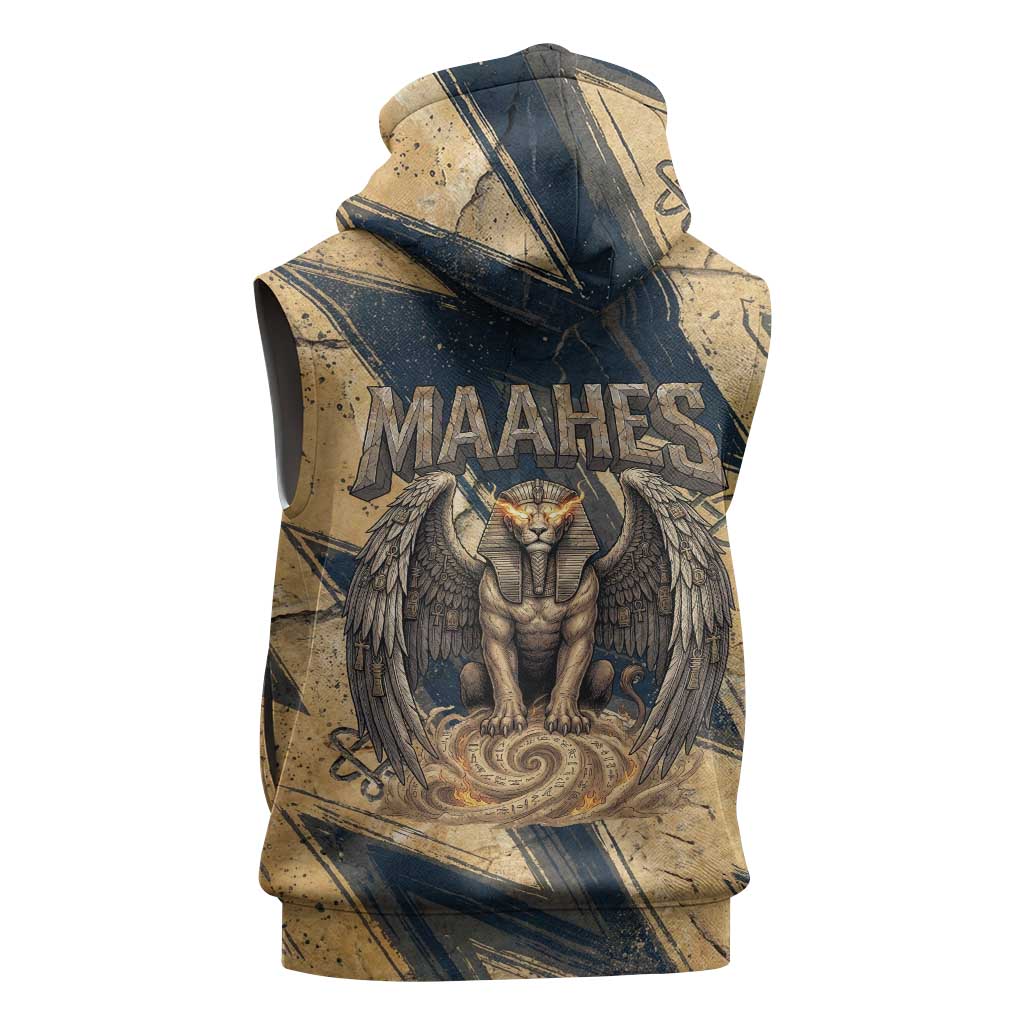 Maahes Ancient Egyptian Sleeveless Hoodie Geometric Pattern Winged Lion Deity, and Sacred Lotus Motif - African Pride