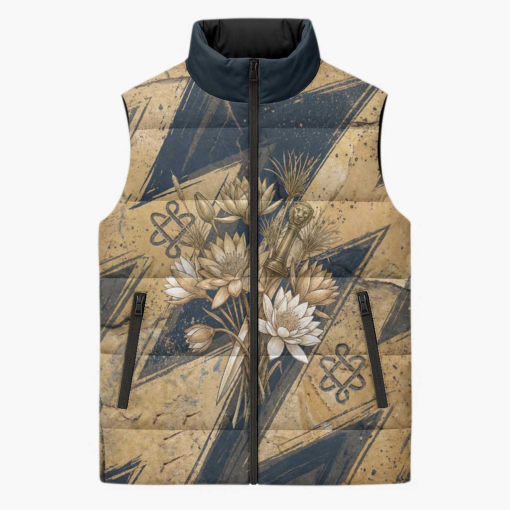 Maahes Ancient Egyptian Sleeveless Puffer Jacket Geometric Pattern Winged Lion Deity, and Sacred Lotus Motif - African Pride