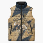 Maahes Ancient Egyptian Sleeveless Puffer Jacket Geometric Pattern Winged Lion Deity, and Sacred Lotus Motif - African Pride