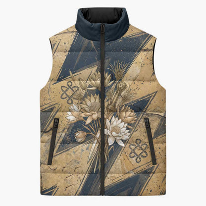Maahes Ancient Egyptian Sleeveless Puffer Jacket Geometric Pattern Winged Lion Deity, and Sacred Lotus Motif - African Pride