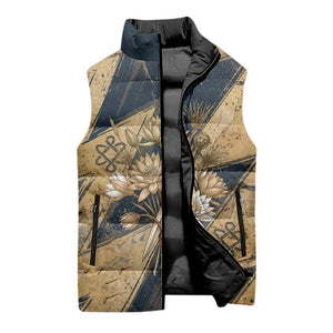 Maahes Ancient Egyptian Sleeveless Puffer Jacket Geometric Pattern Winged Lion Deity, and Sacred Lotus Motif - African Pride