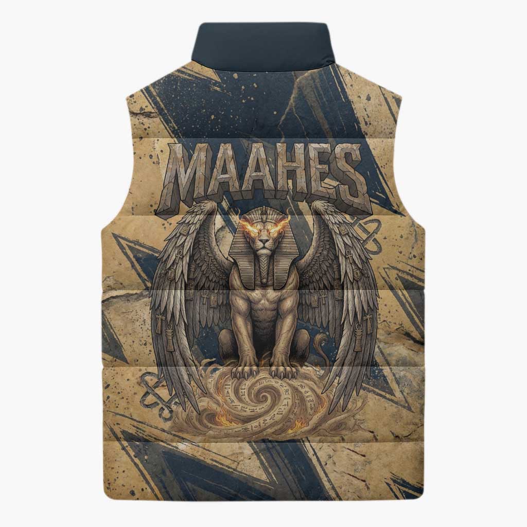 Maahes Ancient Egyptian Sleeveless Puffer Jacket Geometric Pattern Winged Lion Deity, and Sacred Lotus Motif - African Pride