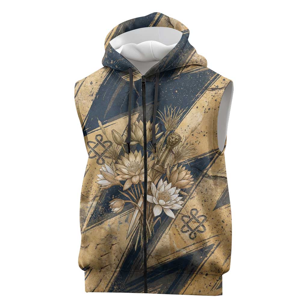 Maahes Ancient Egyptian Sleeveless Zip Hoodie Geometric Pattern Winged Lion Deity, and Sacred Lotus Motif - African Pride