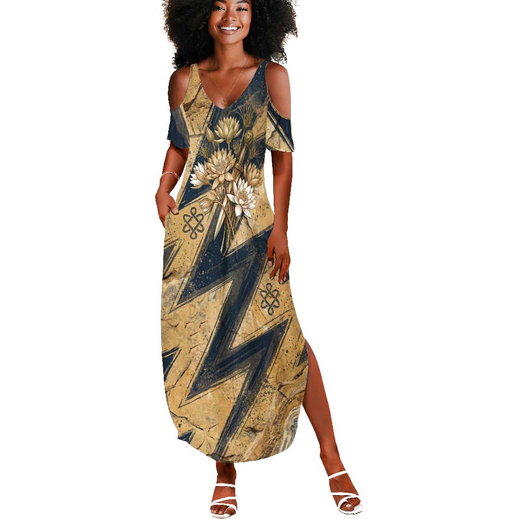 Maahes Ancient Egyptian Summer Maxi Dress Geometric Pattern Winged Lion Deity, and Sacred Lotus Motif - African Pride