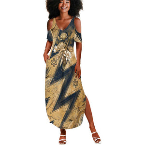 Maahes Ancient Egyptian Summer Maxi Dress Geometric Pattern Winged Lion Deity, and Sacred Lotus Motif - African Pride