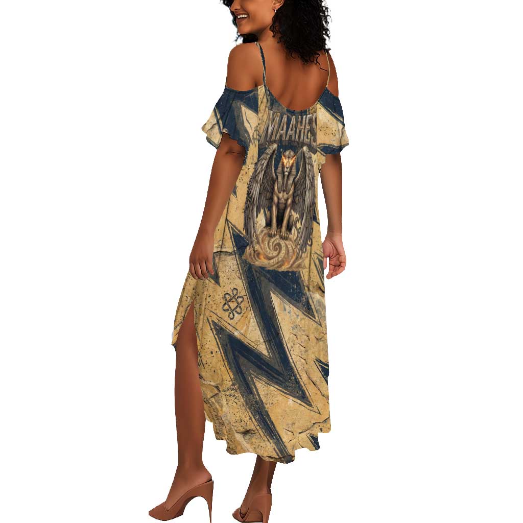Maahes Ancient Egyptian Summer Maxi Dress Geometric Pattern Winged Lion Deity, and Sacred Lotus Motif - African Pride
