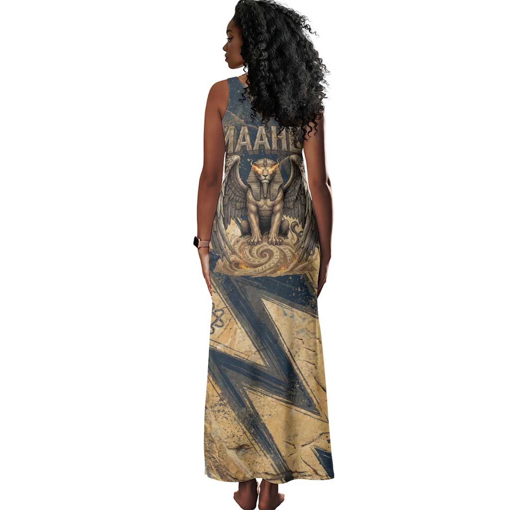 Maahes Ancient Egyptian Tank Maxi Dress Geometric Pattern Winged Lion Deity, and Sacred Lotus Motif - African Pride
