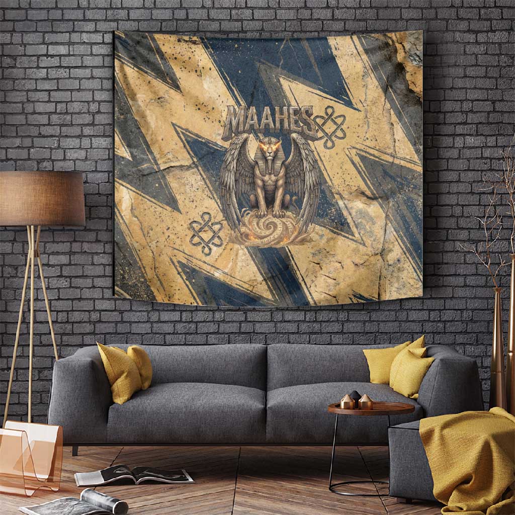 Maahes Ancient Egyptian Tapestry Geometric Pattern Winged Lion Deity, and Sacred Lotus Motif - African Pride