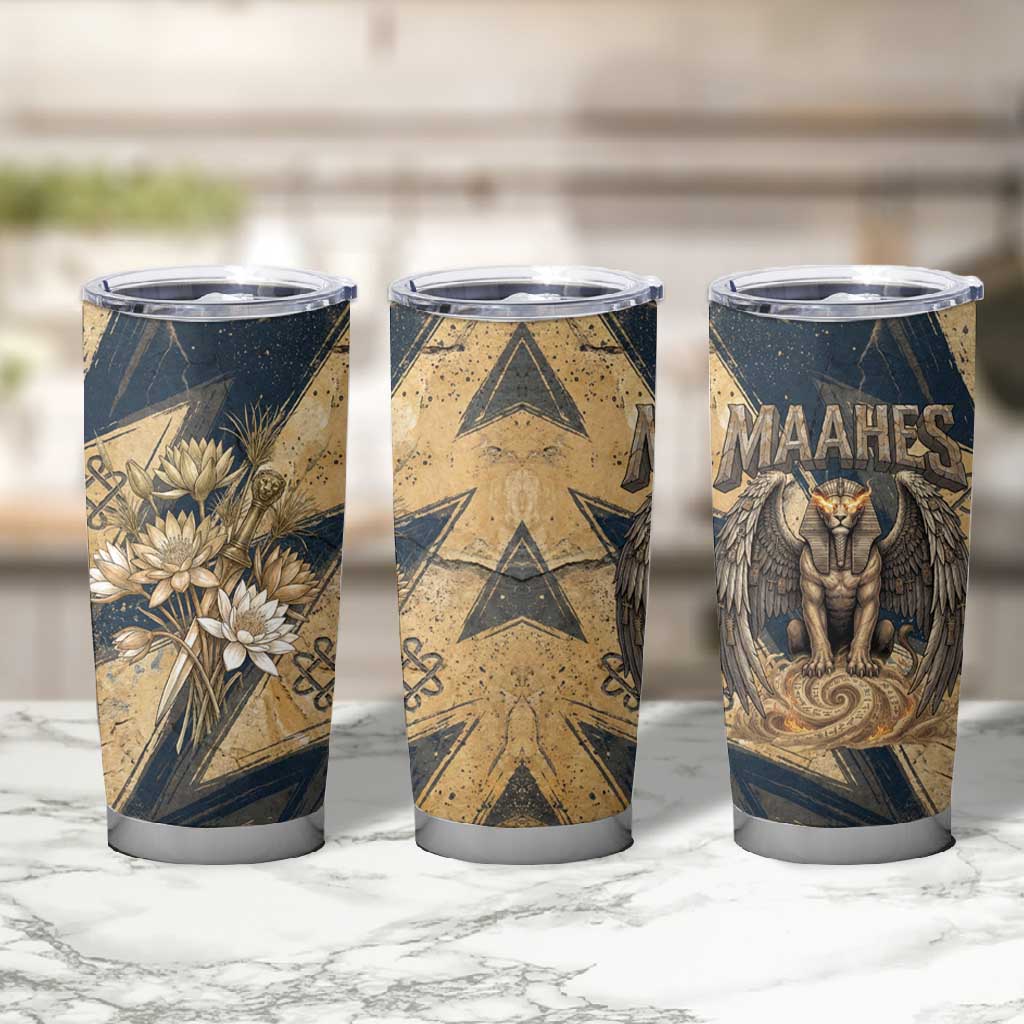 Maahes Ancient Egyptian Tumbler Cup Geometric Pattern Winged Lion Deity, and Sacred Lotus Motif - African Pride
