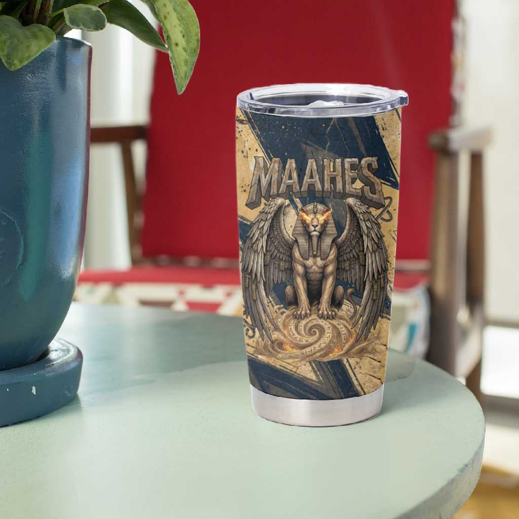 Maahes Ancient Egyptian Tumbler Cup Geometric Pattern Winged Lion Deity, and Sacred Lotus Motif - African Pride