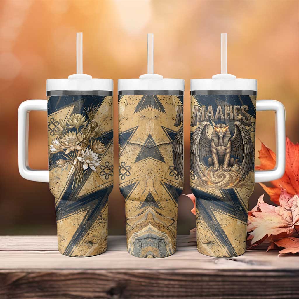 Maahes Ancient Egyptian Tumbler With Handle Geometric Pattern Winged Lion Deity, and Sacred Lotus Motif - African Pride