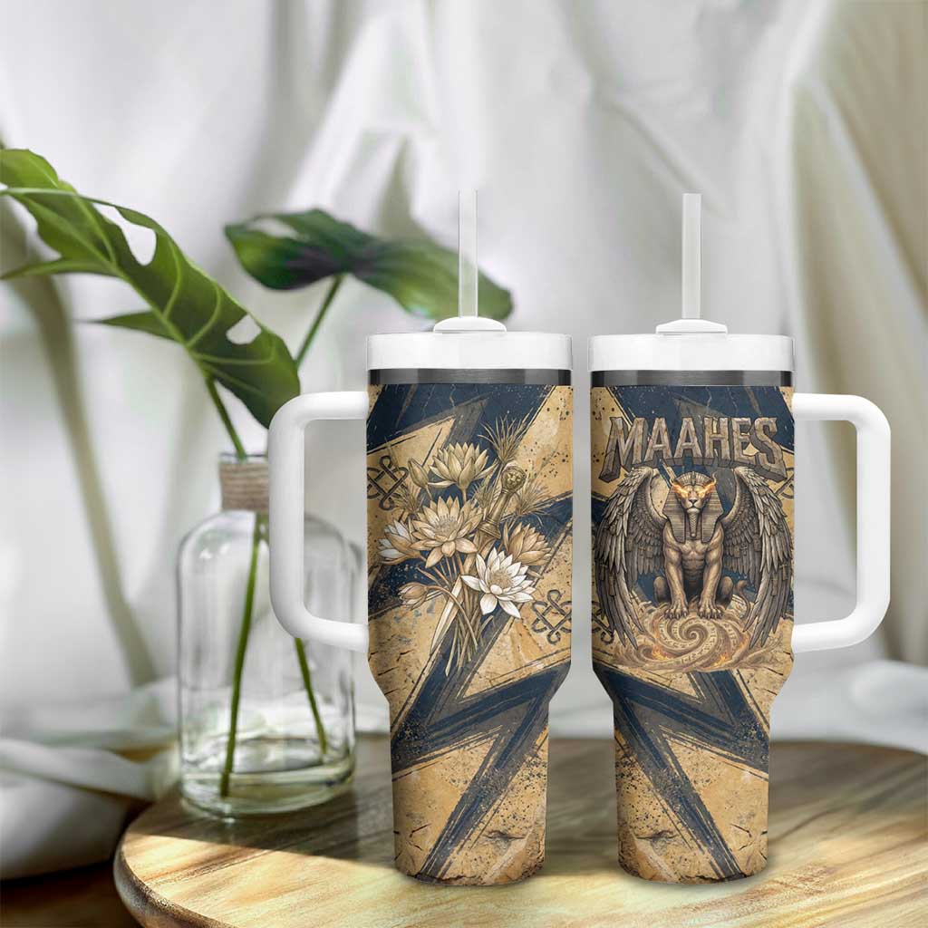 Maahes Ancient Egyptian Tumbler With Handle Geometric Pattern Winged Lion Deity, and Sacred Lotus Motif - African Pride