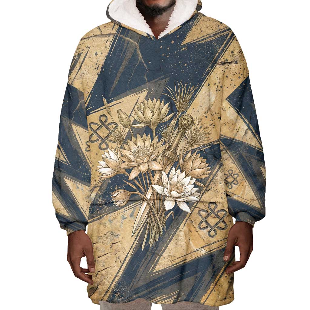 Maahes Ancient Egyptian Wearable Blanket Hoodie Geometric Pattern Winged Lion Deity, and Sacred Lotus Motif - African Pride