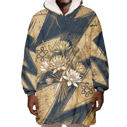 Maahes Ancient Egyptian Wearable Blanket Hoodie Geometric Pattern Winged Lion Deity, and Sacred Lotus Motif - African Pride
