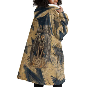 Maahes Ancient Egyptian Wearable Blanket Hoodie Geometric Pattern Winged Lion Deity, and Sacred Lotus Motif - African Pride