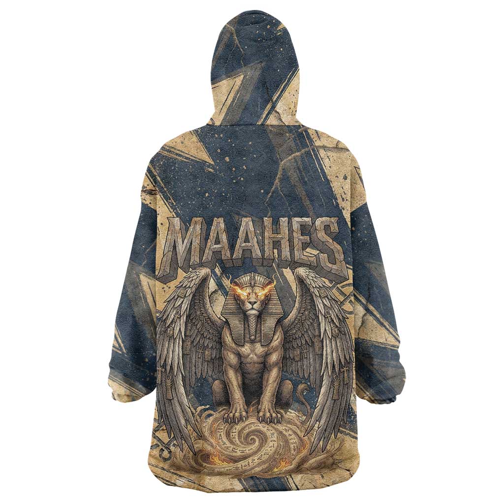 Maahes Ancient Egyptian Wearable Blanket Hoodie Geometric Pattern Winged Lion Deity, and Sacred Lotus Motif - African Pride