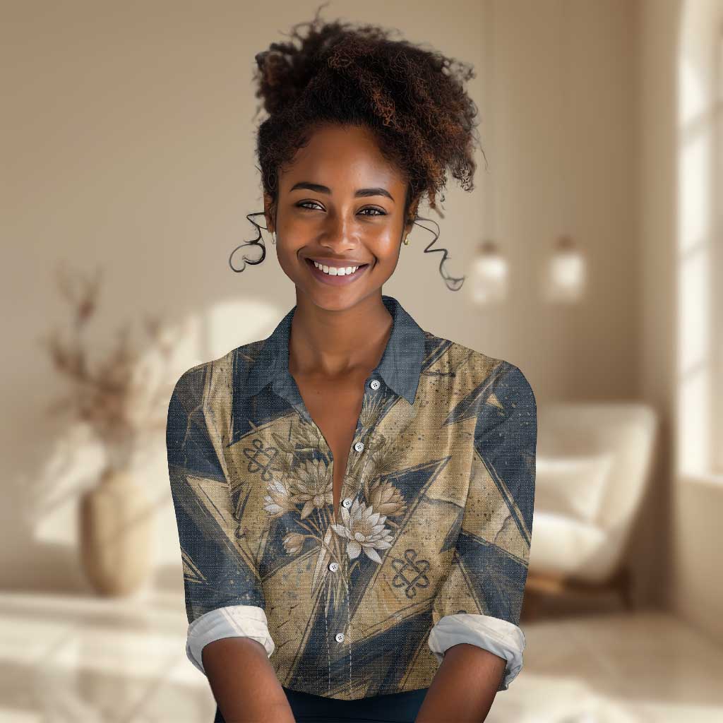 Maahes Ancient Egyptian Women Casual Shirt Geometric Pattern Winged Lion Deity, and Sacred Lotus Motif - African Pride