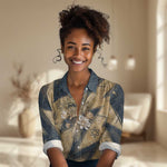 Maahes Ancient Egyptian Women Casual Shirt Geometric Pattern Winged Lion Deity, and Sacred Lotus Motif - African Pride