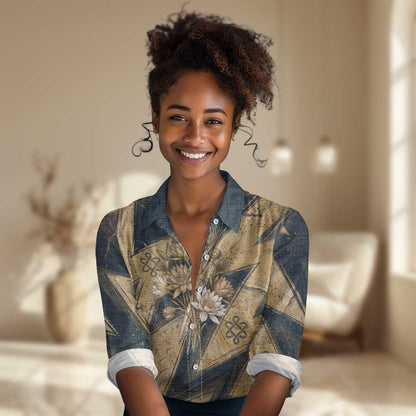 Maahes Ancient Egyptian Women Casual Shirt Geometric Pattern Winged Lion Deity, and Sacred Lotus Motif - African Pride