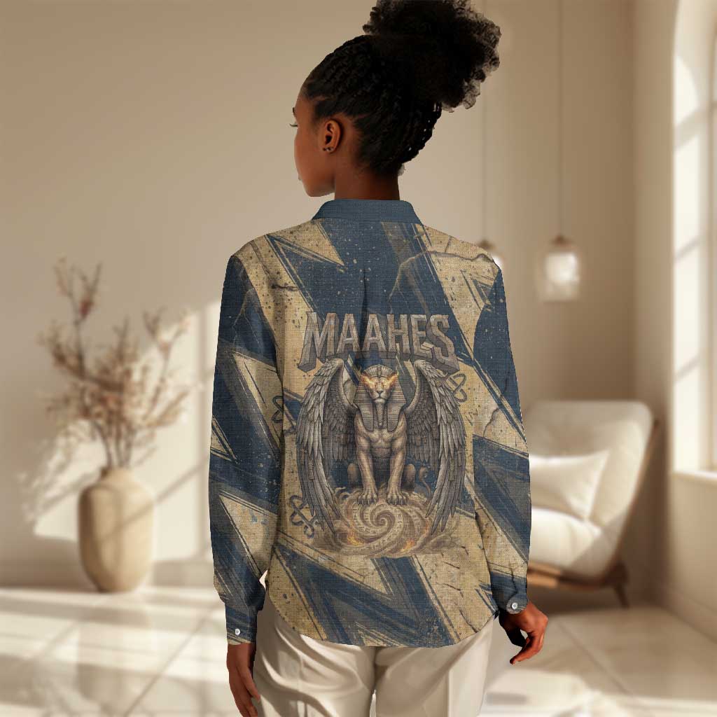 Maahes Ancient Egyptian Women Casual Shirt Geometric Pattern Winged Lion Deity, and Sacred Lotus Motif - African Pride