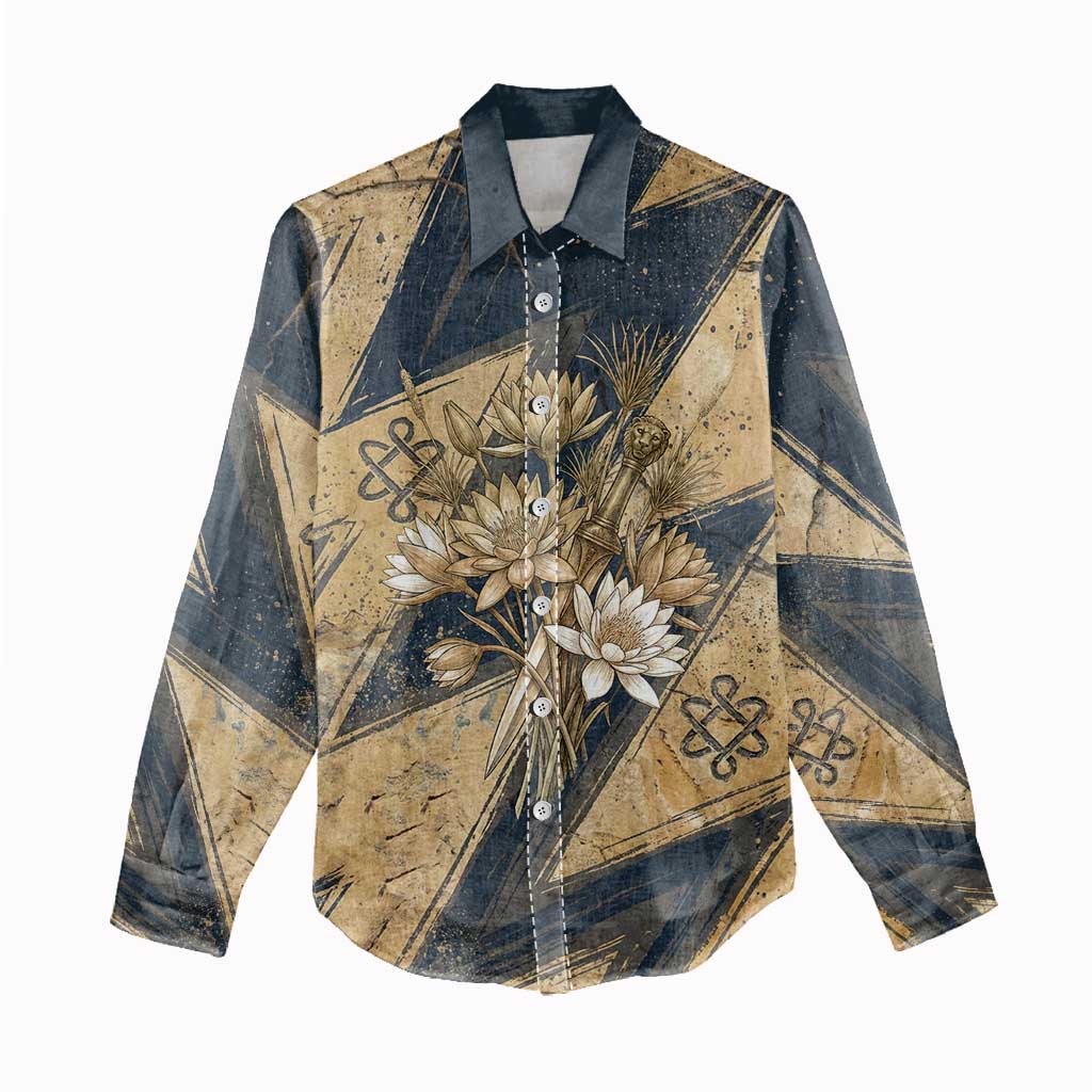 Maahes Ancient Egyptian Women Casual Shirt Geometric Pattern Winged Lion Deity, and Sacred Lotus Motif - African Pride