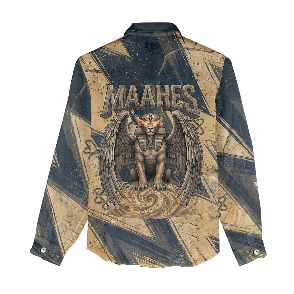 Maahes Ancient Egyptian Women Casual Shirt Geometric Pattern Winged Lion Deity, and Sacred Lotus Motif - African Pride
