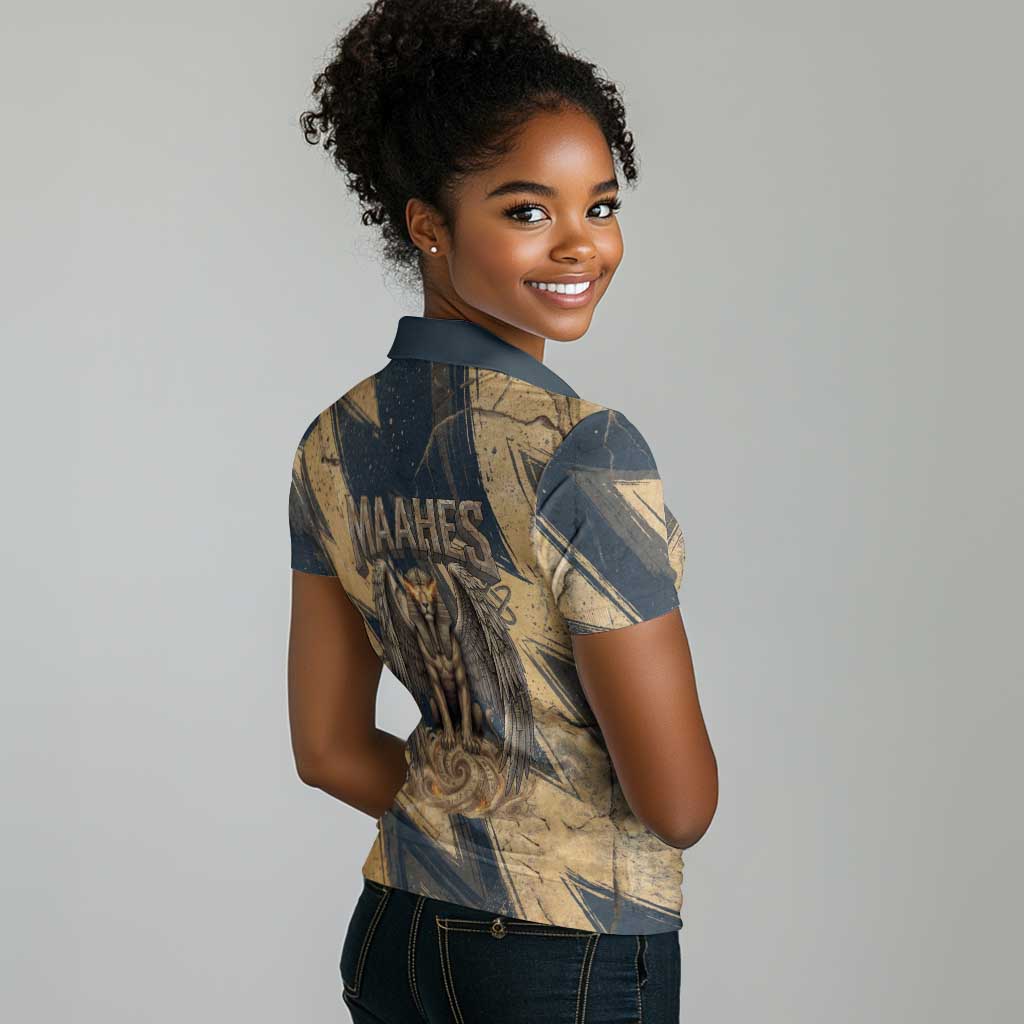 Maahes Ancient Egyptian Women Polo Shirt Geometric Pattern Winged Lion Deity, and Sacred Lotus Motif - African Pride