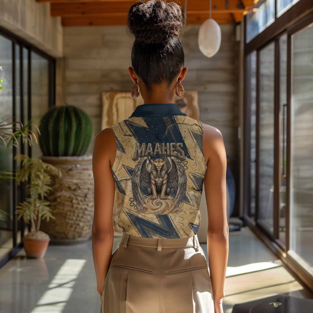 Maahes Ancient Egyptian Women Sleeveless Polo Shirt Geometric Pattern Winged Lion Deity, and Sacred Lotus Motif - African Pride