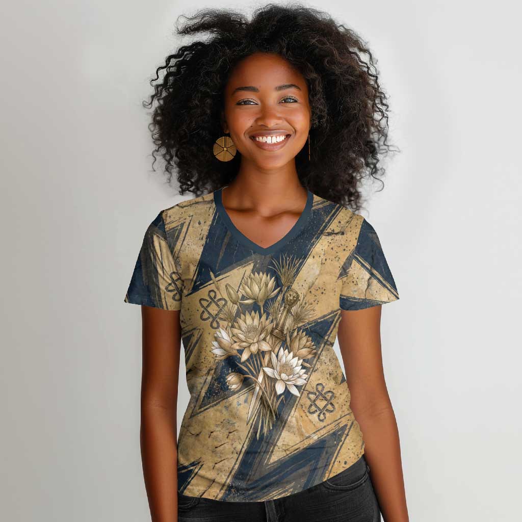 Maahes Ancient Egyptian Women V-Neck T-Shirt Geometric Pattern Winged Lion Deity, and Sacred Lotus Motif - African Pride