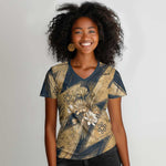 Maahes Ancient Egyptian Women V-Neck T-Shirt Geometric Pattern Winged Lion Deity, and Sacred Lotus Motif - African Pride