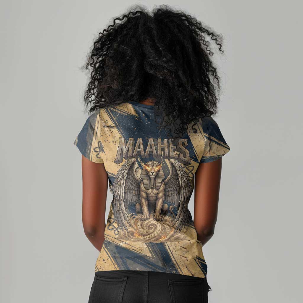 Maahes Ancient Egyptian Women V-Neck T-Shirt Geometric Pattern Winged Lion Deity, and Sacred Lotus Motif - African Pride