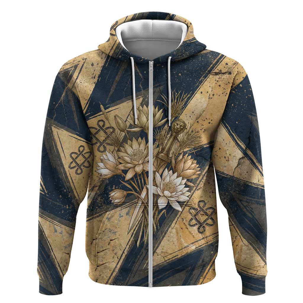 Maahes Ancient Egyptian Zip Hoodie Geometric Pattern Winged Lion Deity, and Sacred Lotus Motif - African Pride