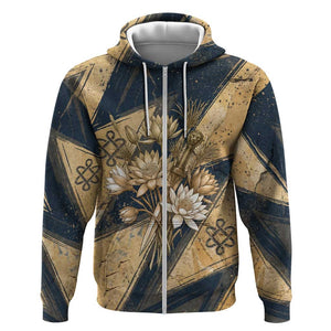 Maahes Ancient Egyptian Zip Hoodie Geometric Pattern Winged Lion Deity, and Sacred Lotus Motif - African Pride