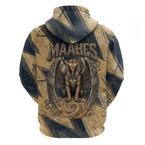 Maahes Ancient Egyptian Zip Hoodie Geometric Pattern Winged Lion Deity, and Sacred Lotus Motif - African Pride