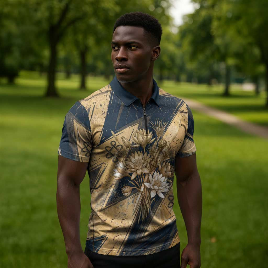 Maahes Ancient Egyptian Zipper Polo Shirt Geometric Pattern Winged Lion Deity, and Sacred Lotus Motif - African Pride