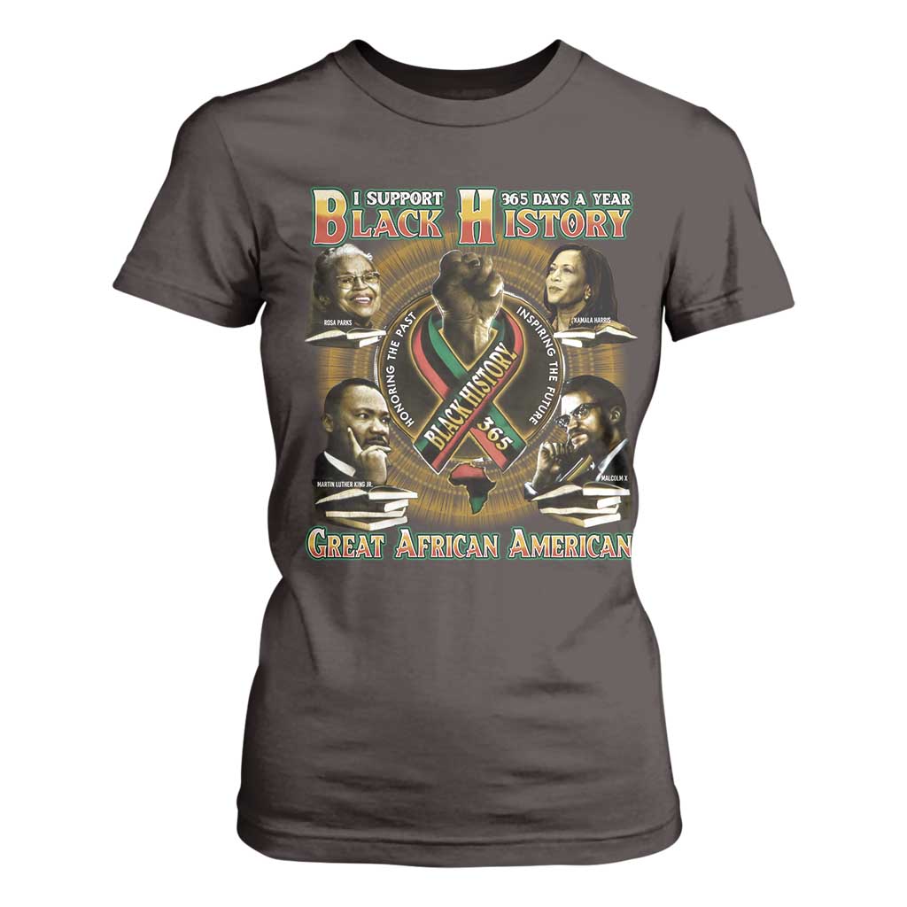 Support Black History 365 Days A Year T Shirt For Women Martin MLK Malcolm X Rosa Parks Kamala Harris