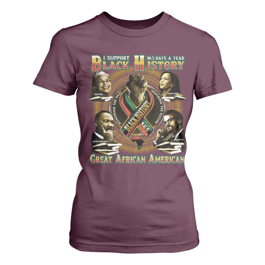 Support Black History 365 Days A Year T Shirt For Women Martin MLK Malcolm X Rosa Parks Kamala Harris