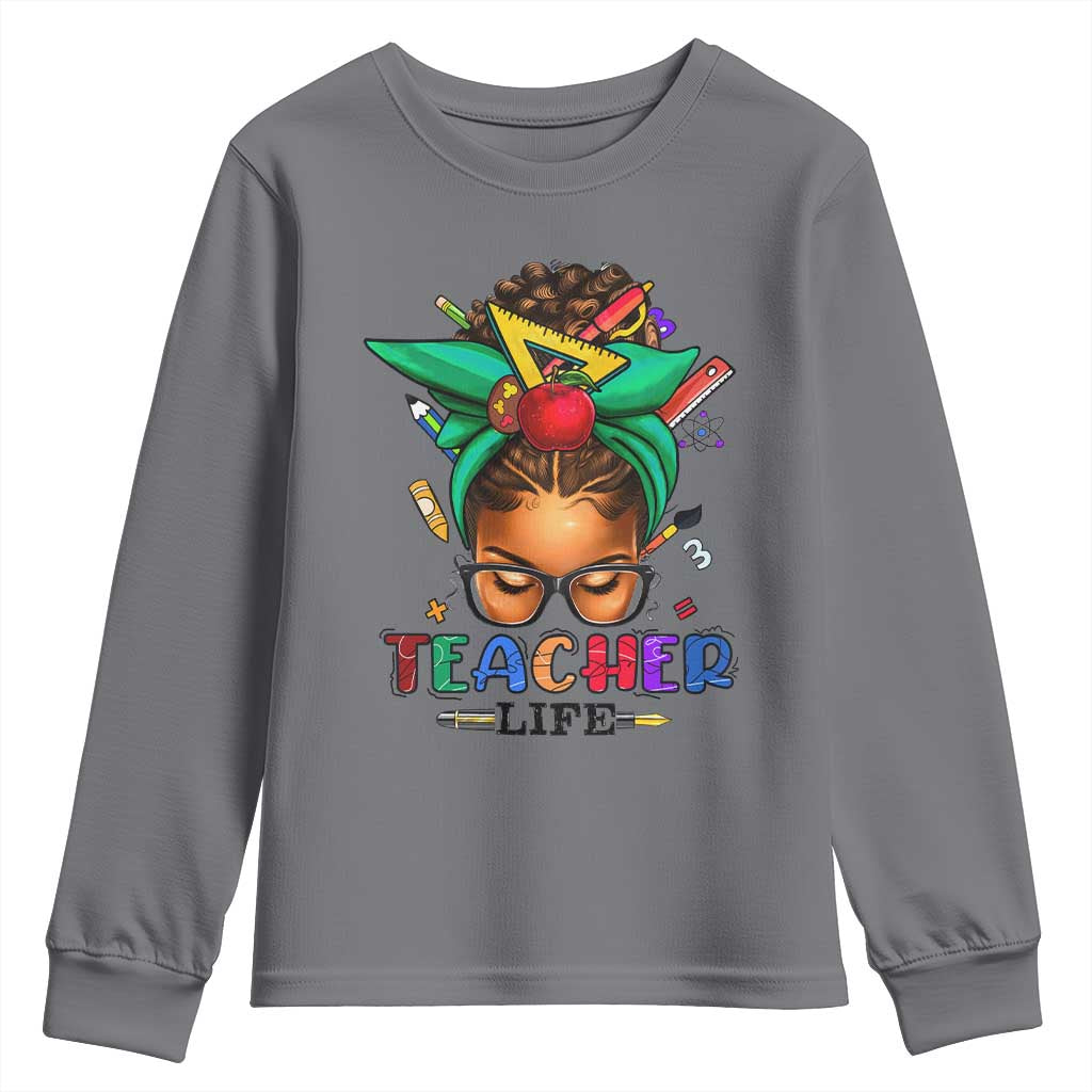 Black Teacher Life Youth Long Sleeve Shirt Messy Bun African American Educate