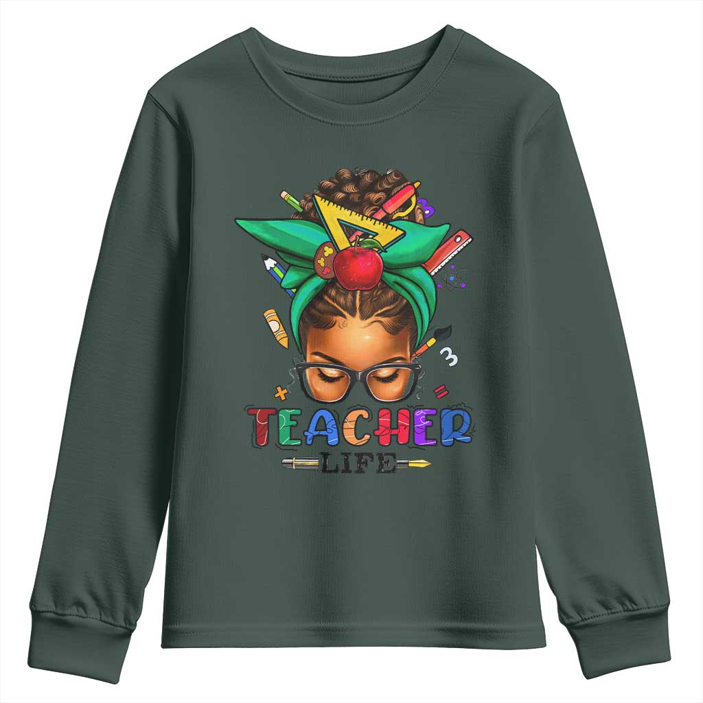 Black Teacher Life Youth Long Sleeve Shirt Messy Bun African American Educate