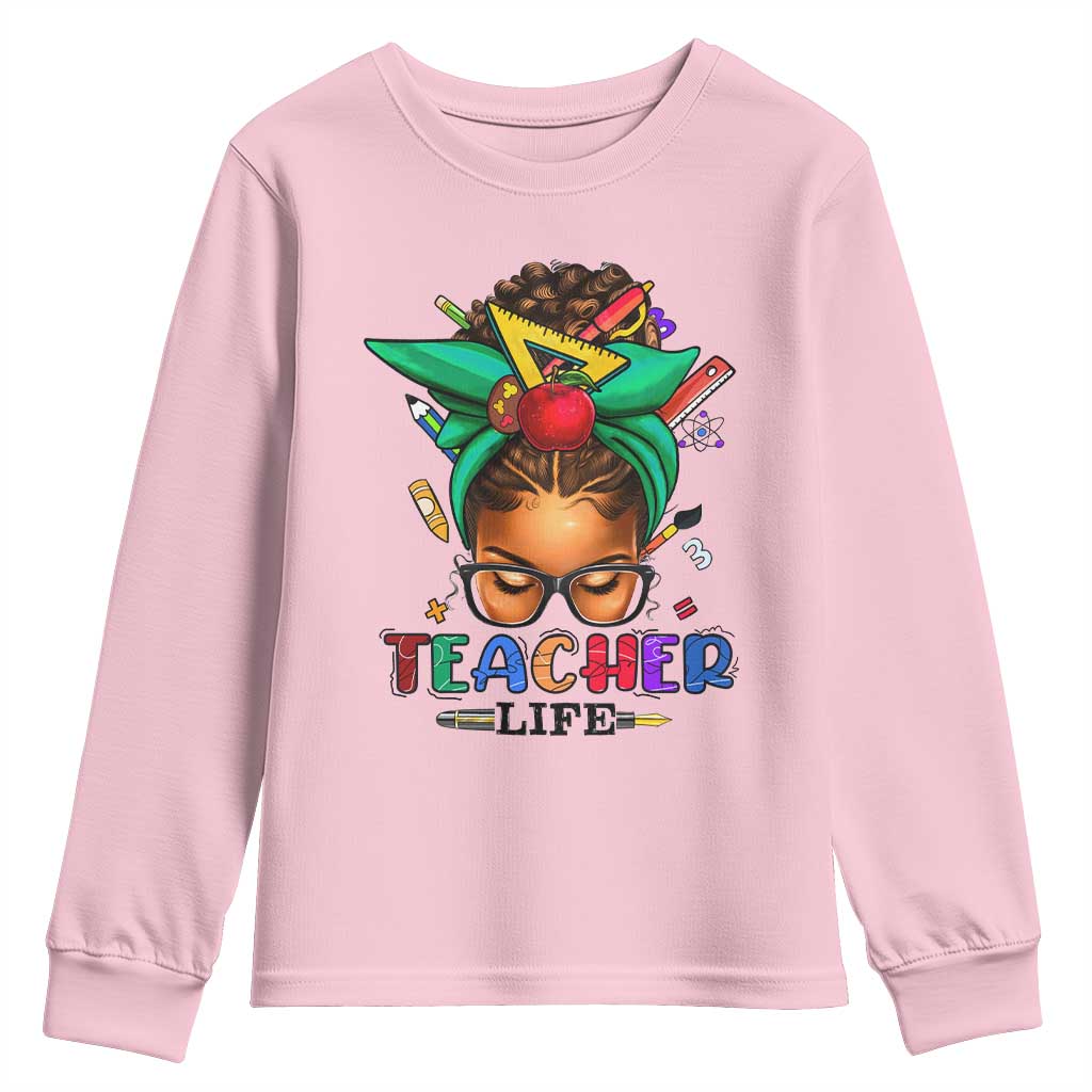 Black Teacher Life Youth Long Sleeve Shirt Messy Bun African American Educate