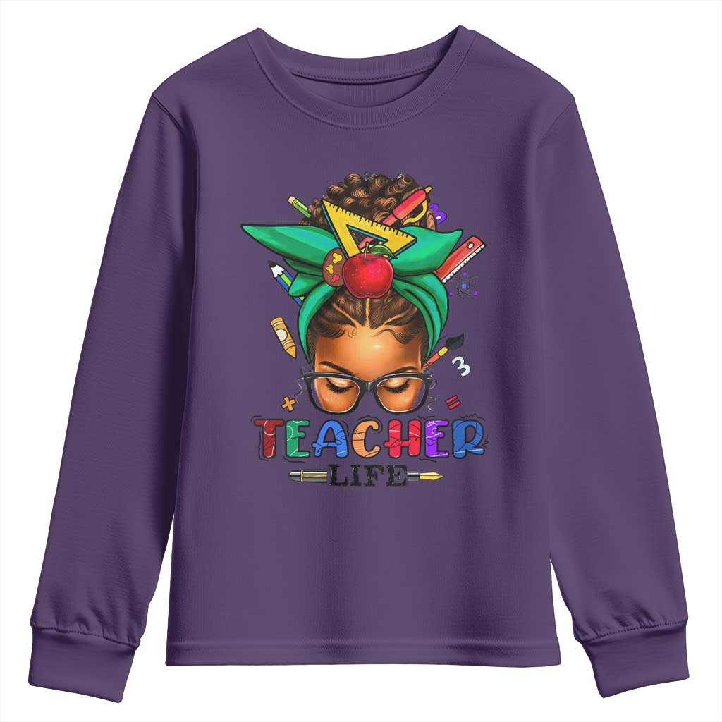 Black Teacher Life Youth Long Sleeve Shirt Messy Bun African American Educate