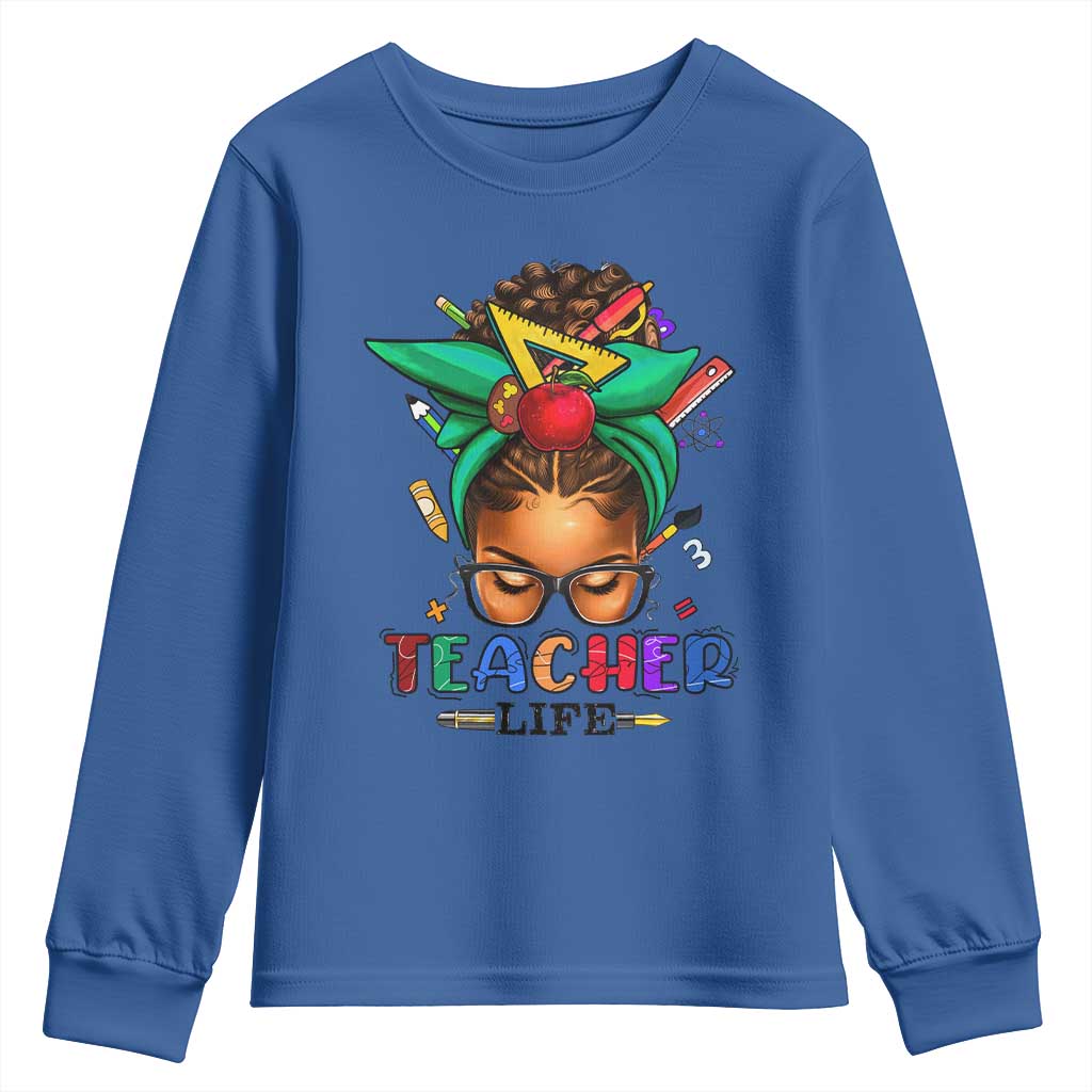 Black Teacher Life Youth Long Sleeve Shirt Messy Bun African American Educate