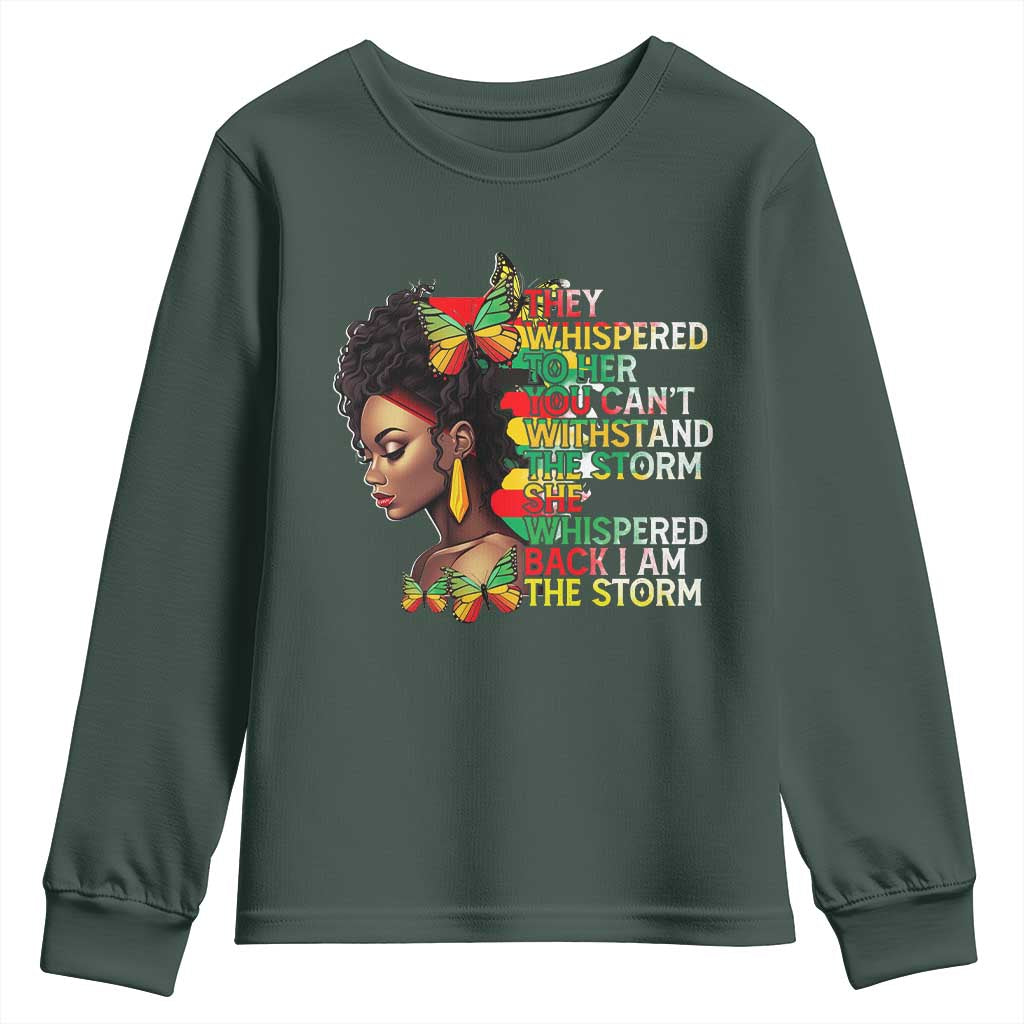 African Women Black History Month Youth Long Sleeve Shirt She Whispered Back I Am The Storm
