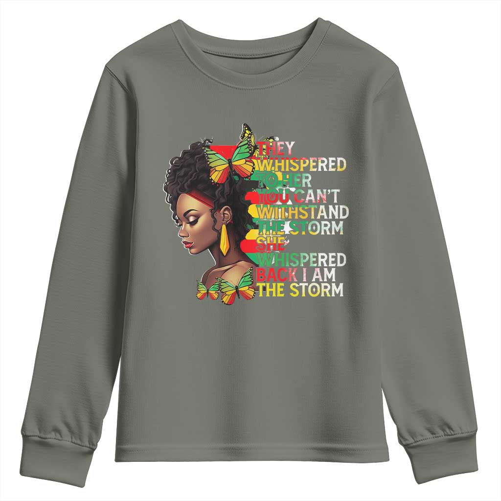 African Women Black History Month Youth Long Sleeve Shirt She Whispered Back I Am The Storm