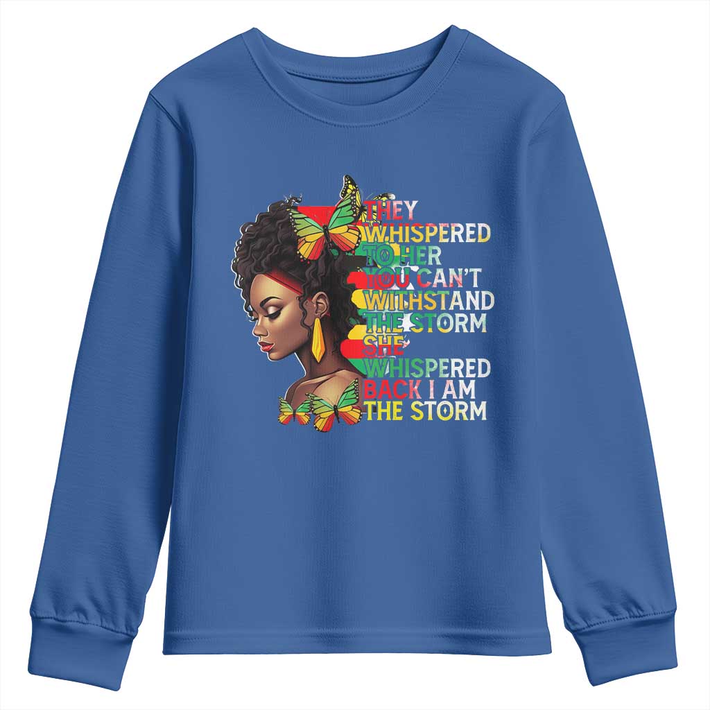 African Women Black History Month Youth Long Sleeve Shirt She Whispered Back I Am The Storm