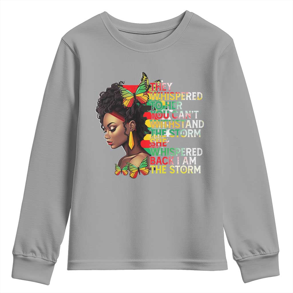 African Women Black History Month Youth Long Sleeve Shirt She Whispered Back I Am The Storm